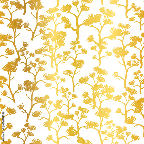 Vector Golden Asian Trees Seamless Pattern Background. Great for tropical vacation fabric, cards, wedding invitations, wallpaper.