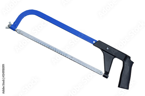 Blue hacksaw with black handle. Isolated