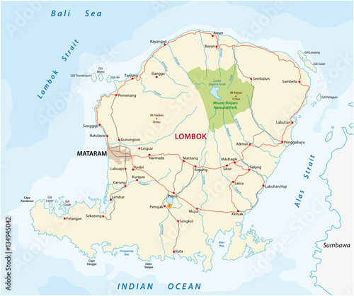 road map of the indonesian island of Lombok