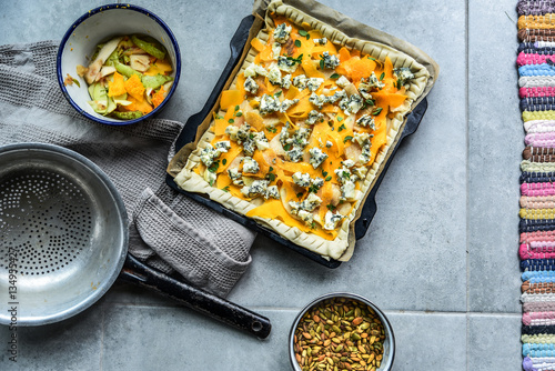 Puff pastry with pumpkin and gorgonzola cheese