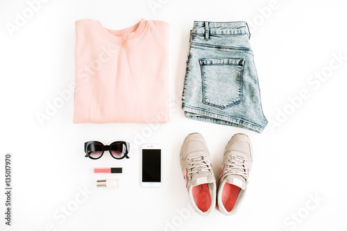 Stylish, trendy feminine clothes and accessories. Flat lay, top view