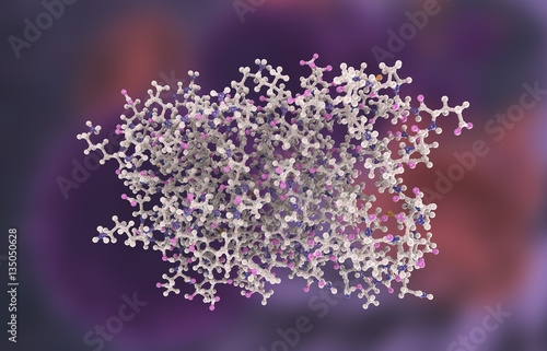 Molecular model of interferon-alpha IFN-alpha, 3D illustration. IFN-alpha is a protein produced by leukocytes and involved in innate immune responce against viral infections