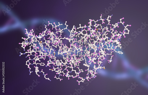 Molecular model of interferon-gamma 3D illustration. IFN-gamma is a protein produced by leukocytes and involved in innate immune responce against viral infections