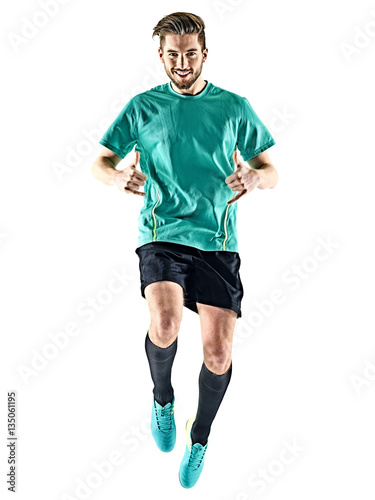 one caucasian soccer player man happy celebration isolated on white background