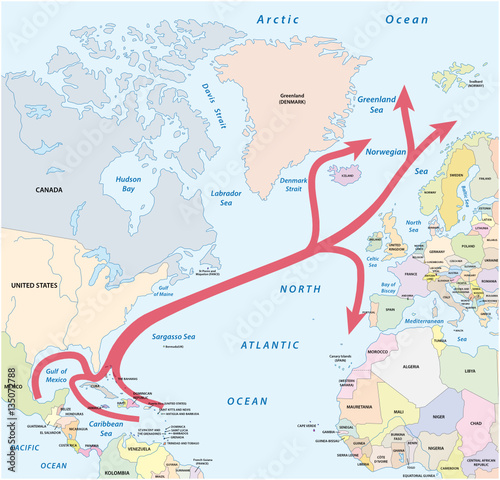 Map of the Gulf and North Atlantic stream in the Atlantic Ocean