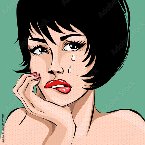 Pop art comics style crying woman portrait, vector