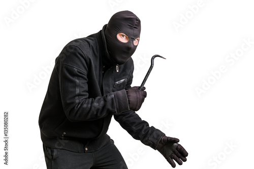 Masked thief in balaclava with crowbar isolated on white