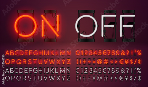 Big neon set glowing alphabet, vector Font. Glowing text effect. On and Off lamp. Neon Numbers and punctuation marks. isolated on red background.