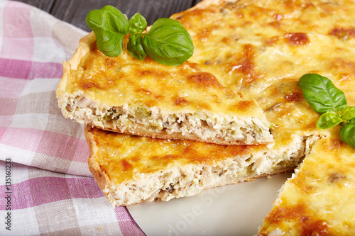 Quiche - delicious open meat pie with chicken, broccoli and cheese