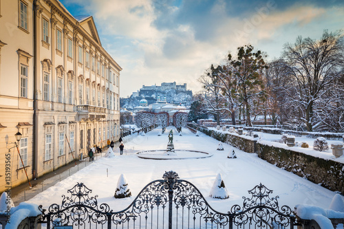 Salzburg Mirabell Gardens with Hohensalzburg Fortress in winter, Austria