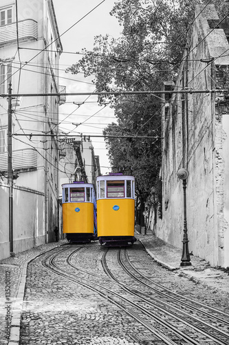retro tram elevator in the streets of Lisbon, Portugal