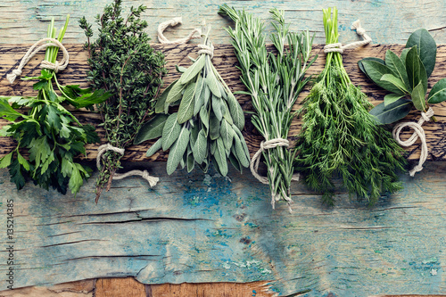 fresh herbs on wooden background with space for text