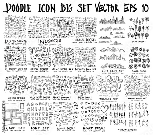 Mega set of doodles. collection of Back to school, Arrow , data, love, bubble, summer, music, flower, people, frame