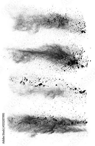 Freeze motion of black dust explosions on white background