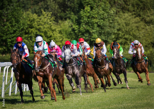 Horseracing in Czechia, Europe. Traditional sport. Jockeys on horses.