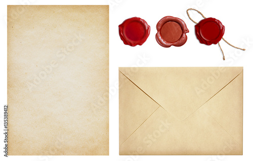 Old envelope and letter paper with wax seal stamps set isolated