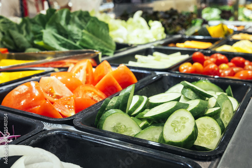 Salad Bar Fresh Vegetables Sliced Cucumber Tomato Healthy food