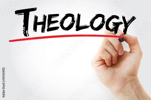 Hand writing Theology with marker, concept background