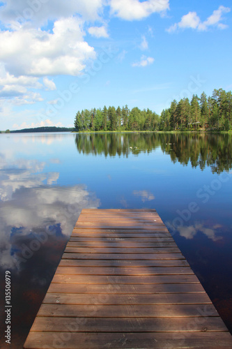 Typical Finnish nature fir woods near lake