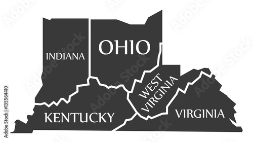 Indiana - Kentucky - West Virginia - Virginia - Ohio Map labelled black