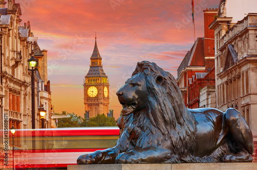 London Trafalgar Square lion and Big Ben