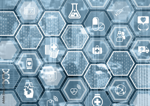 Electronic e-healthcare blue and grey background with hexagonal shapes