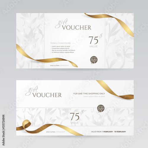 Set of stylish gift voucher with golden ribbon and silver floral pattern. Vector template for gift card, coupon and certificate. Isolated from the background.