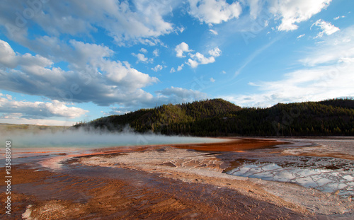 Grand Prismatic Hot Spring under sunset clouds in the Midway Geyser Basin in Yellowstone National Park in USA