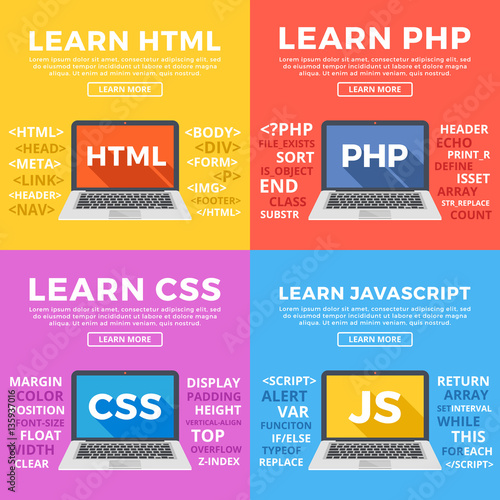 Learn HTML, CSS, learn PHP, Javascript flat illustration concepts set. Flat design graphic elements. Modern vector illustrations