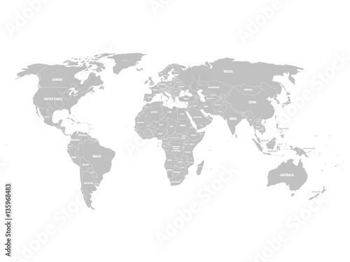 Grey political World map with country borders and white state name labels. Hand drawn simplified vector illustration.