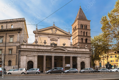 Rome. Italy. Basilica of St. Chrysogonus (Basilica di San Crisogono, IV century) with a bell tower of XII century.