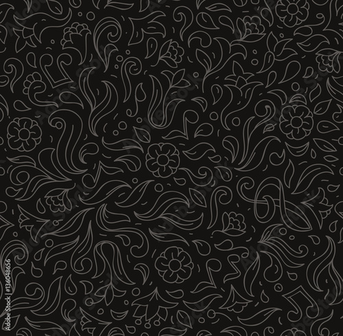 dark grey color abstract floral tiled, seamless pattern. isolated on black background, vector illustration.
