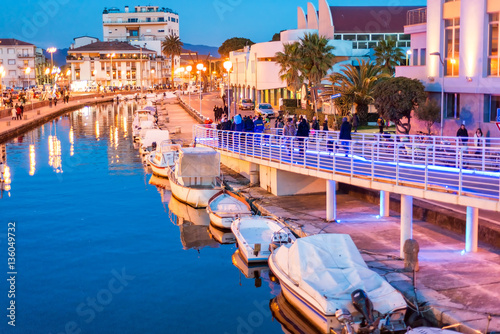 Viareggio, Tuscany. Boats along city canal at night