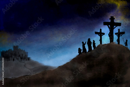 Crucifiction of Jesus Christ on Calvary hill . abstract artistic religious Easter background