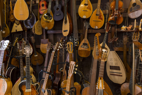musical instruments shop in warm orange and brown colors