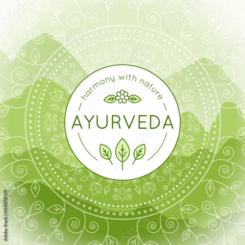 Vector Ayurveda illustration with mountains landscape, ethnic patterns and sample text in green colors for use as a template of banner, backdrop or poster for ayurveda medicine center or product.