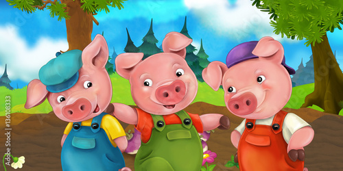 Cartoon scene three pig brothers going on a trip on a hill - illustration for children