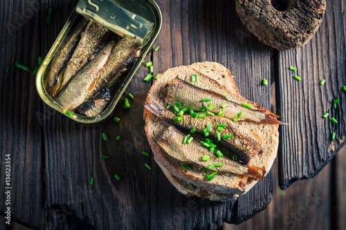 Healthy sandwich wirh sardines with on the wholegrain bread