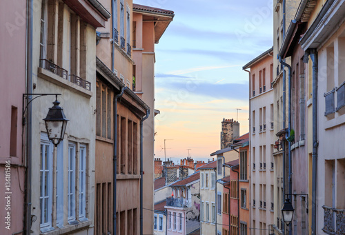Old and colorful street in Croix Rousse, an old part of the city of Lyon, France.