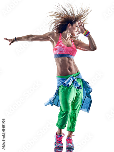 one caucasian woman exercising fitness excercises zumba dancer dancing in studio isolated on white background