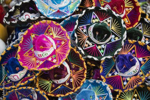 Colorful Mexican sombrero hats at an outdoor market in Mexico