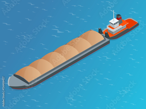 Isometric Barge on a River. Very large ship. Containerized trade, liquid bulk and dry bulk shipping. International shipping.