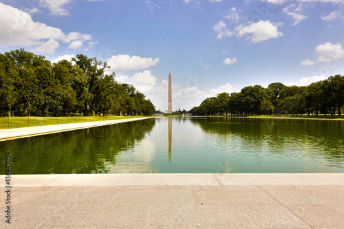 Grand view towards America's national monument, the Washington Monument from across the Lincoln Memorial Reflecting Pool, Washington DC