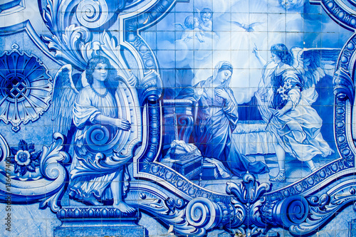 Religious scene in blue azulejos at the Remedios stairs in Sanctuary Nossa Senhora dos Remedios. Lamego, Portugal.
