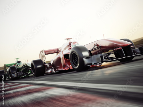 Motor sports competitive team racing. Fast moving race cars racing down the track . 3d rendering. With room for text or copy space