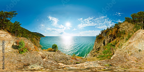 360 180 spherical panorama of a cliff above the water Baikal Sea