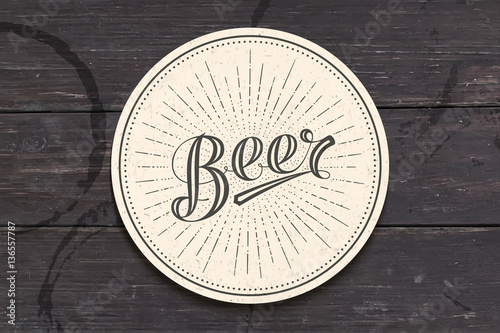 Coaster for beer with hand-drawn lettering Beer. Monochrome vintage drawing for bar, pub and beer themes. White circle for placing beer mug and bottle over it with lettering. Vector Illustration