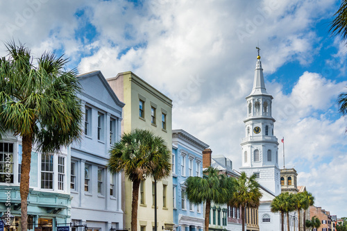 Buildings and palm trees along Broad Street, in Charleston, Sout