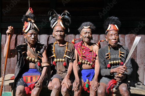 The warriors from the tribe of Konyak headhunters in the Nagaland state, India, 