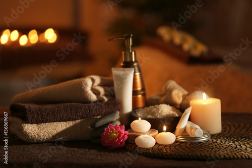 Natural treatments and alight candles in spa salon